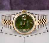 Rolex Datejust 36mm 18k YG & Steel Fluted Green Roman Diamond Dial Watch 16013